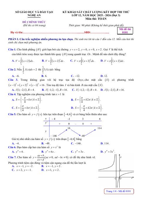 Đề thi thử tốt nghiệp THPT 2026 môn Toán đợt 3 sở GD&ĐT Nghệ An